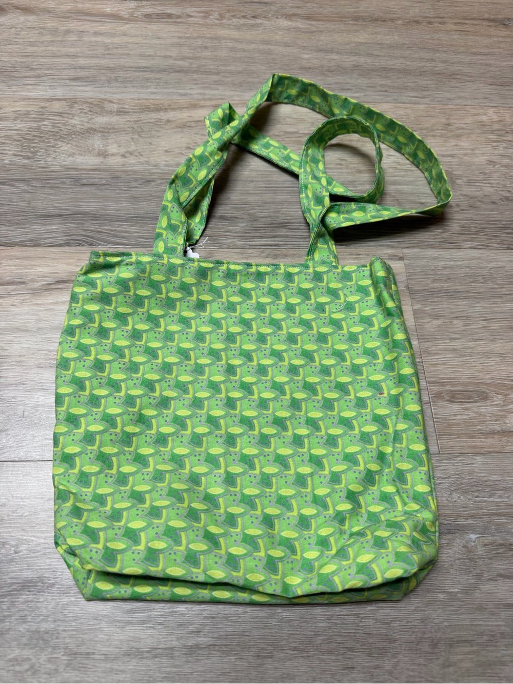 Green Patterned Cotton Tote Bag with Long Straps